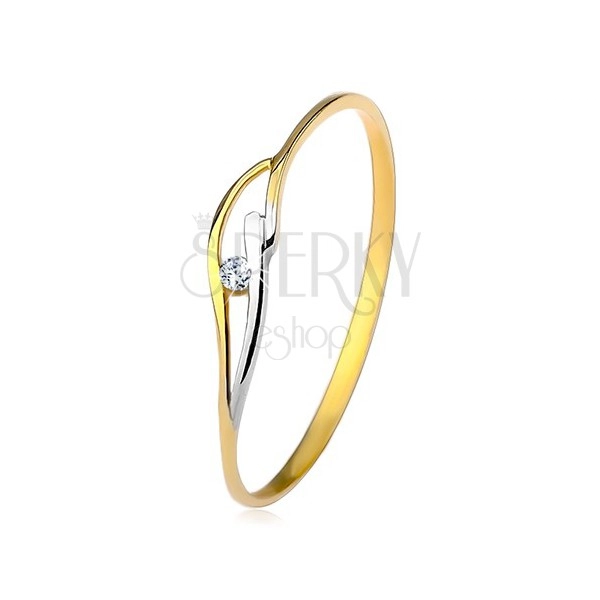Ring made of yellow and white 9K gold, thin shoulders and waves, clear zircon