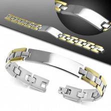 Bracelet made of 316L steel, shiny and smooth tag, two-colour H-shaped links