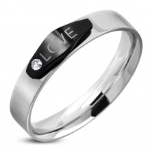 Steel ring in sivler colour, black oval with inscription LOVE and a zircon