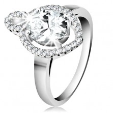 Ring in 925 silver, oval clear zircon with shimmering rim, small grain-shaped contour