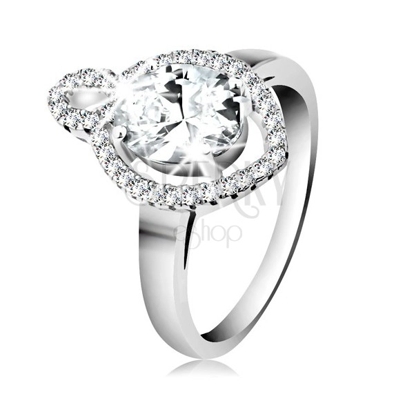 Ring in 925 silver, oval clear zircon with shimmering rim, small grain-shaped contour