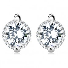 925 silver earrings, big round zircon in clear colour with glossy border