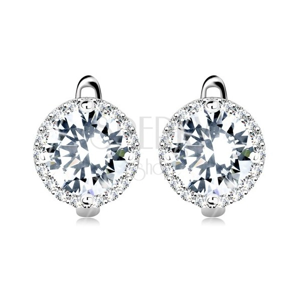925 silver earrings, big round zircon in clear colour with glossy border