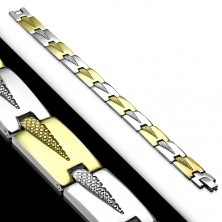 Bracelet made of 316L steel, bicoloured links with engraved triangles