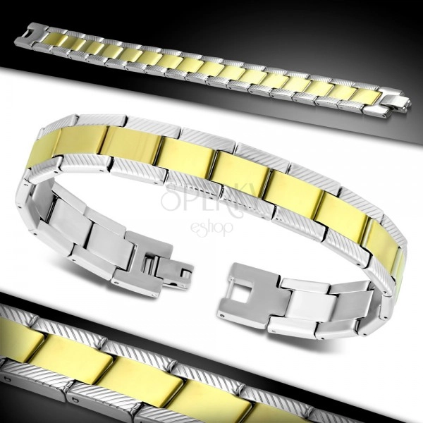 Steel bracelet, bicoloured Y links with engraved notches on the sides