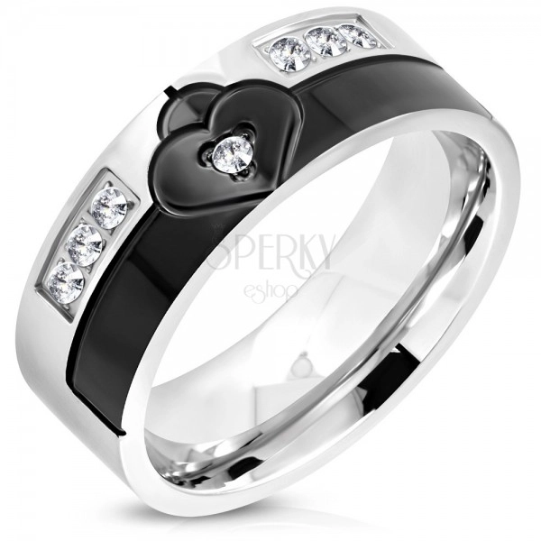 Ring made of surgical steel in black and silver colour, heart with zircon, 8 mm