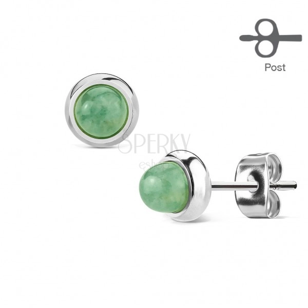 Stud earrings made of 316L steel in silver colour with nephrite in green colour