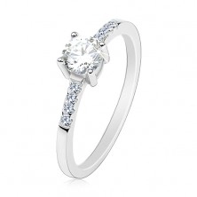 925 silver ring, thin shoulders, round clear zircon, lustrous lines