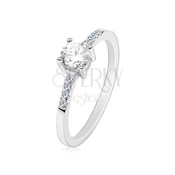 925 silver ring, thin shoulders, round clear zircon, lustrous lines