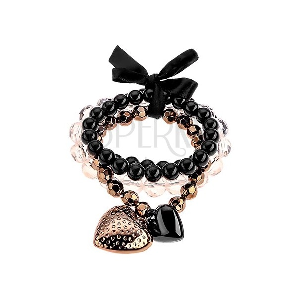 Multibracelet - beads in black, transparent and hematite colours, two hearts, bow