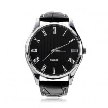 Wristwatch, black synthetic leather strap, round black dial