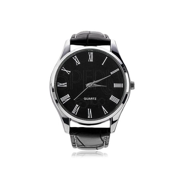 Wristwatch, black synthetic leather strap, round black dial