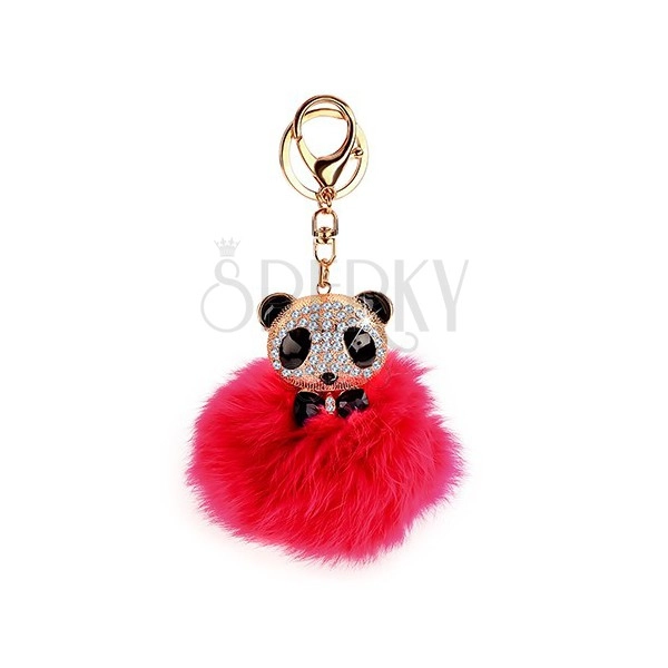 Pink keychain with panda bear - fur ball, lobster in gold colour