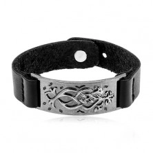 Black synthetic leather bracelet, steel dark gray tag with ornament