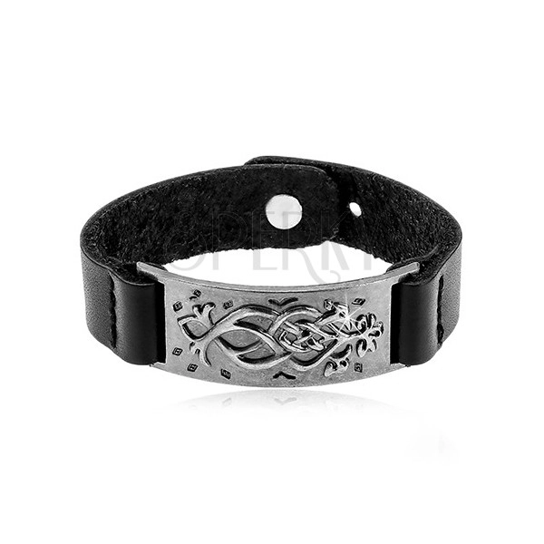 Black synthetic leather bracelet, steel dark gray tag with ornament