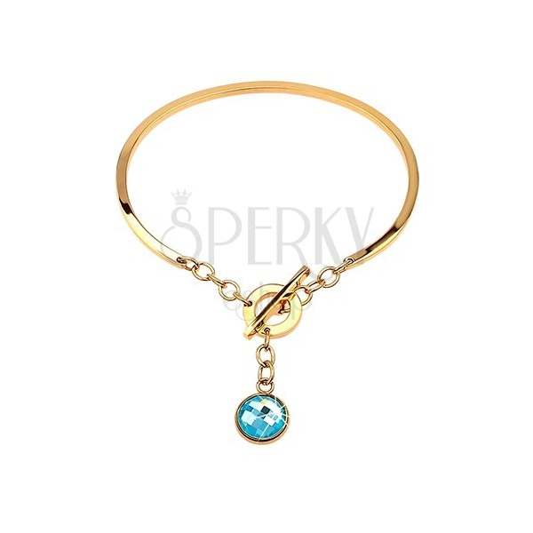 Steel bracelet in gold colour, incomplete oval with dangling blue zircon