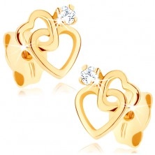 Earrings made of yellow 14K gold - joined heart contours, diamond in clear colour