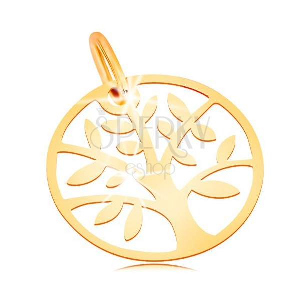 585 gold pendant - shiny and flat, circle with tree of life