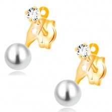 Earrings made of yellow 14K gold, clear zircon and round white pearl, studs