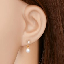 Earrings made of yellow 14K gold, clear zircon and round white pearl, studs