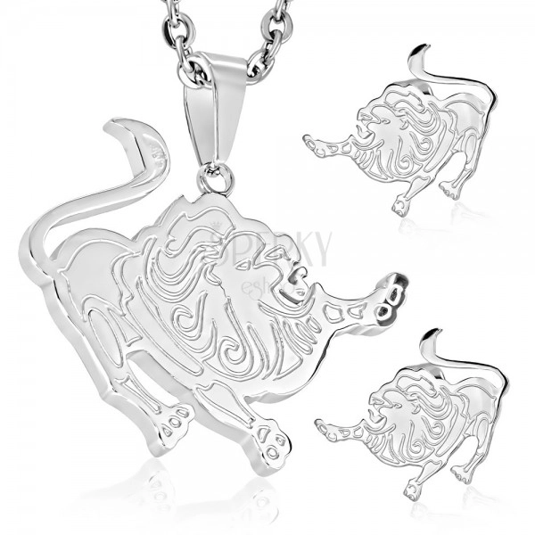 Set made of 316L steel in silver colour, earrings and pendant, zodiac sign LEO