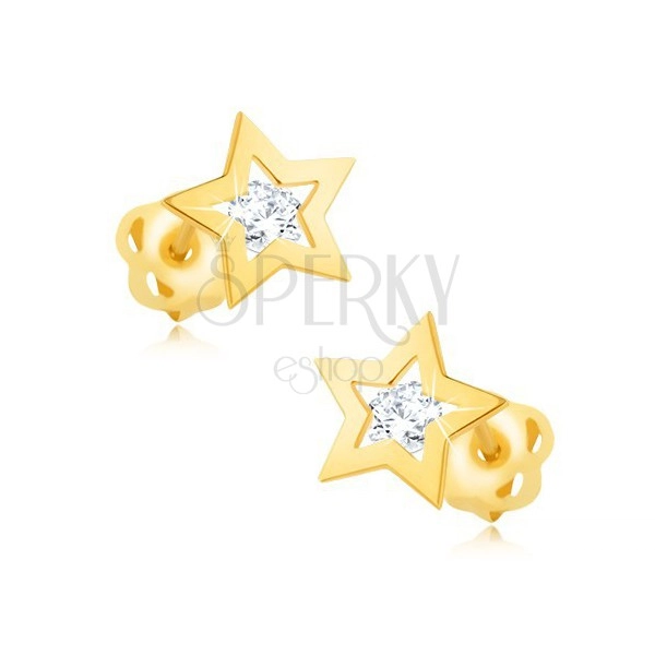 Brilliant earrings made of yellow 14K gold - star contour, clear diamond