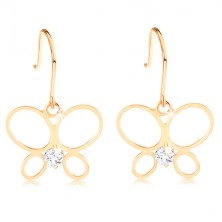 Earrings made of yellow 14K gold - thin butterfly contour, round clear diamond