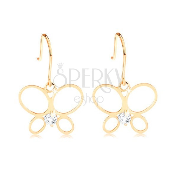 Earrings made of yellow 14K gold - thin butterfly contour, round clear diamond