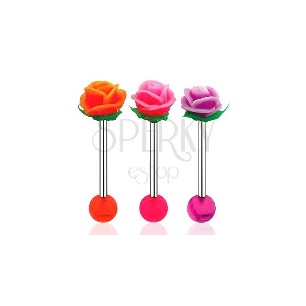 Tungue piercing, barbell made of 316L steel, acrylic ball and UV rose