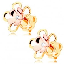 Earrings made of 14K gold - shiny bicoloured flower with clear diamond in the middle