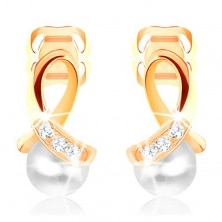 Earrings made of yellow 14K gold - shiny loop adorned with diamonds, round pearl