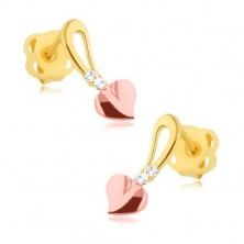Brilliant earrings - 14K yellow and pink gold, heart on stem, diamonds