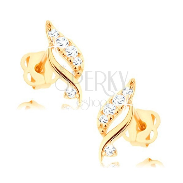 Earrings made of yellow 14K gold - lustrous leaf with clear brilliants
