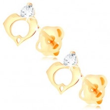 Earrings made of yellow 14K gold - clear diamond, heart contour composed of two dolphins
