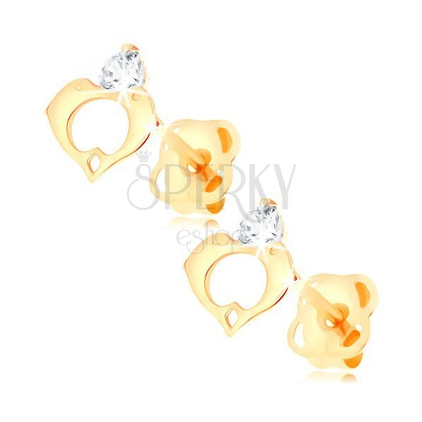 Earrings made of yellow 14K gold - clear diamond, heart contour composed of two dolphins