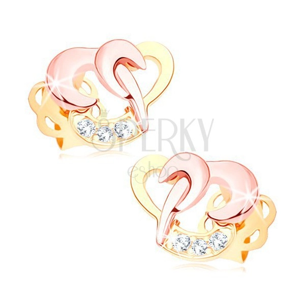 585 gold brilliant earrings - interconnected heart contours, clear diamonds