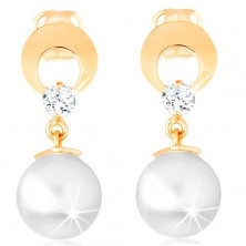 585 gold earrings - circle with cutout and clear diamond, dangling white pearl