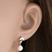 585 gold earrings - circle with cutout and clear diamond, dangling white pearl