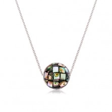 Steel necklace, shiny ball decorated with fragments of Abalone shell