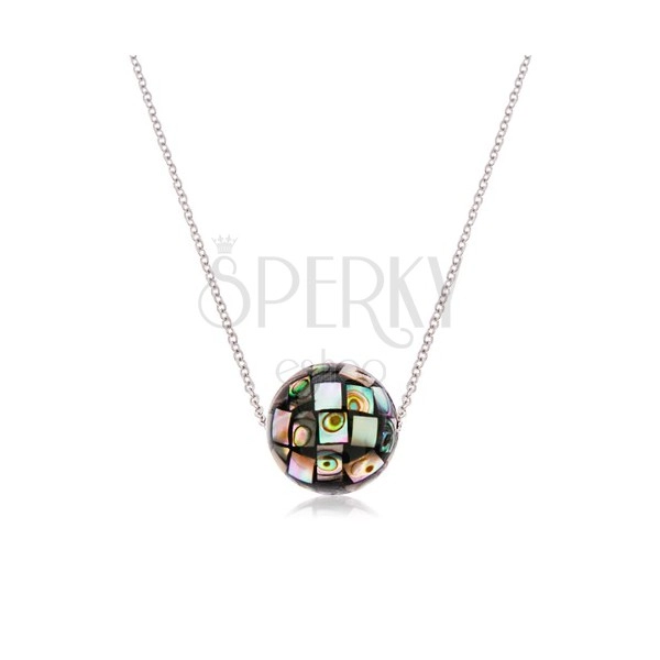 Steel necklace, shiny ball decorated with fragments of Abalone shell