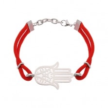 Bracelet made of surgical steel and red strings, cutout Hamsa symbol