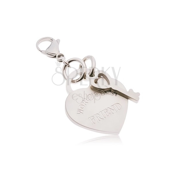 Steel keychain, heart with key and inscription WORLD´S BEST FRIEND
