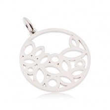 Round pendant made of 316L steel with leaf cutouts, silver colour