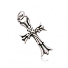 Patinated pendant made of surgical steel, decoratively cut Fleur de Lis cross