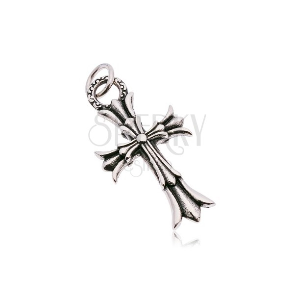 Patinated pendant made of surgical steel, decoratively cut Fleur de Lis cross