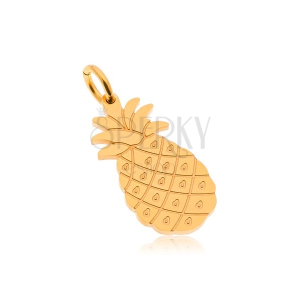 Steel pendant in gold hue, shiny pineapple, engraved details