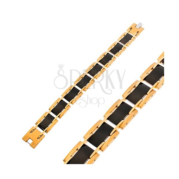 Bracelet made of surgical steel, rectangular links, black and gold colour