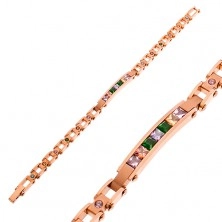 316L steel bracelet in copper colour, narrow plate and coloured zircons