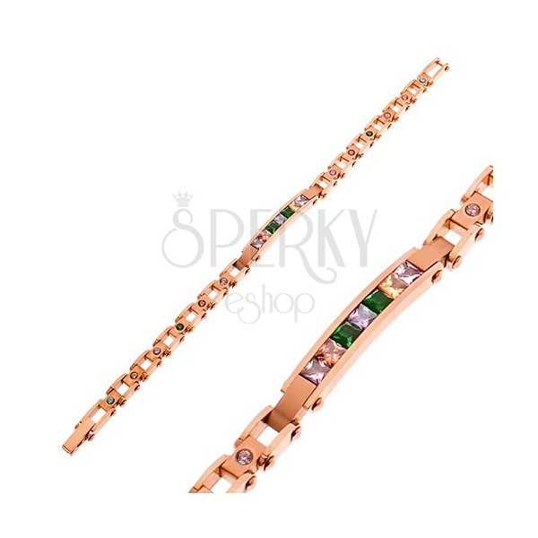 316L steel bracelet in copper colour, narrow plate and coloured zircons