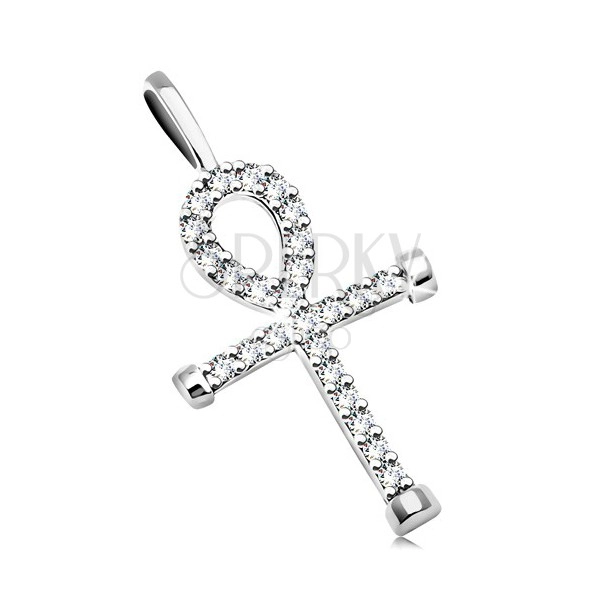 Pendant made of white 14K gold - Egyptian cross adorned with clear zircons